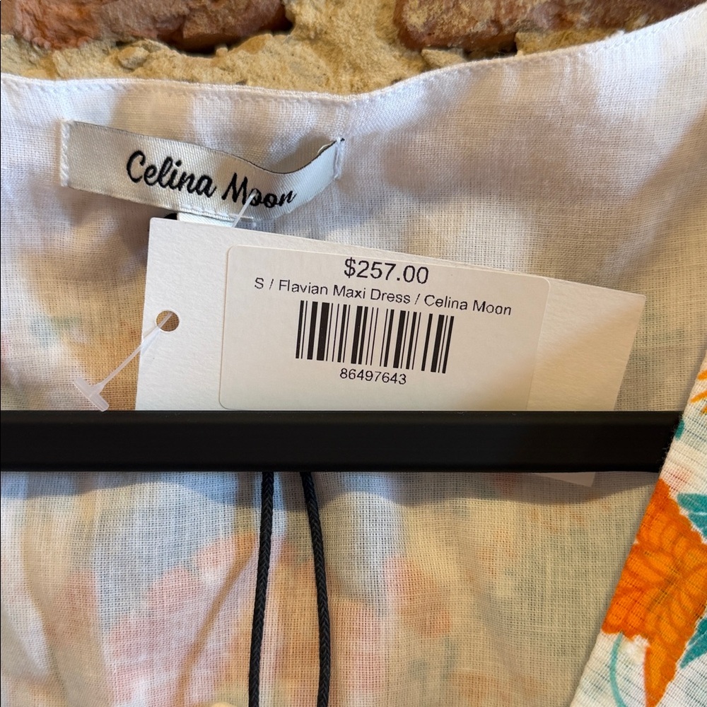 New with tags! CELINA MOON Floral Maxi Dress in White, Orange and turquoise - Picture 3 of 9